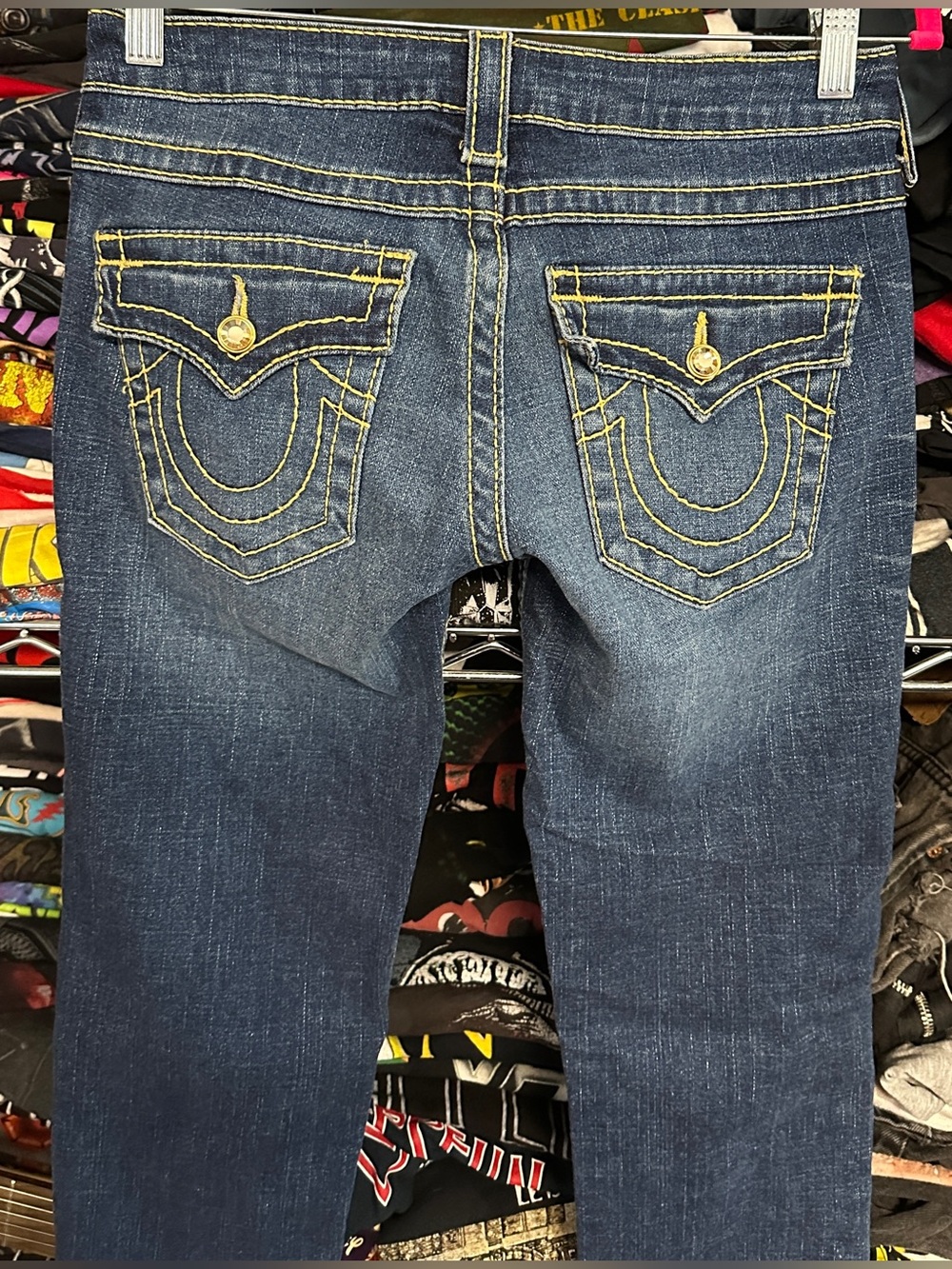 Y2K TRUE RELIGION women's dark faded embroidered gold gem skinny jeans, 27".